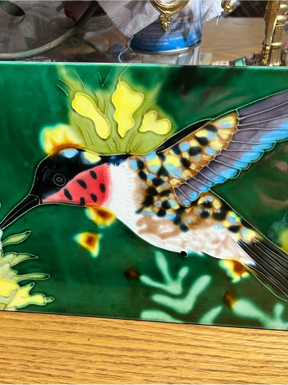 Artistic Hummingbird Ceramic Wall Plaque - Green, Blue, Pink Accent